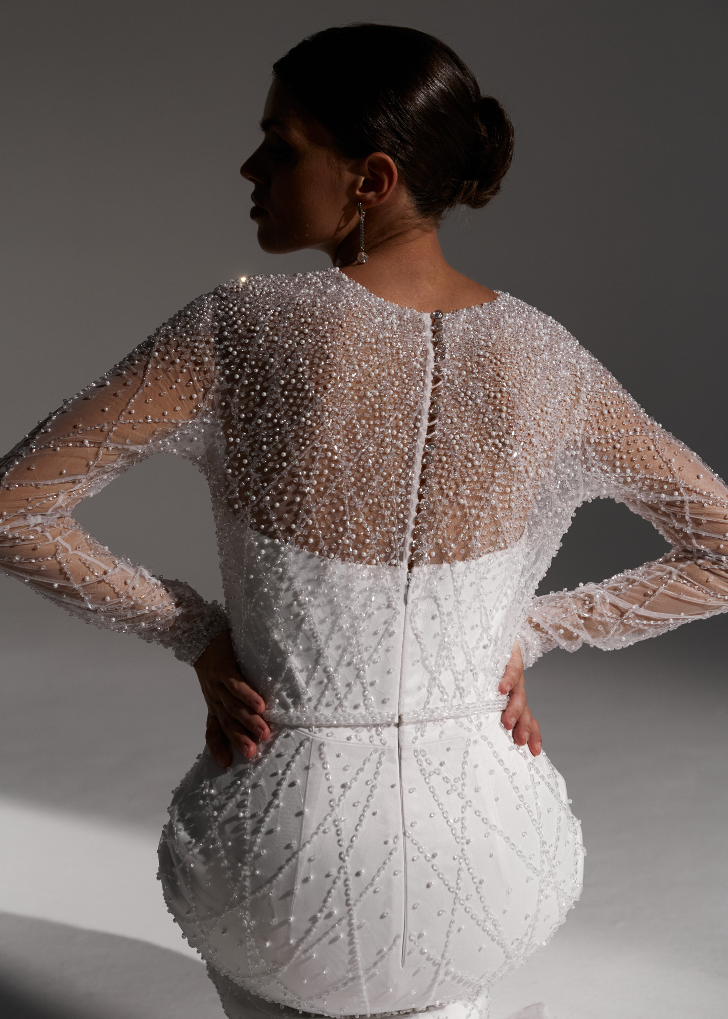Grazia dress, 2021, couture, dress, bridal, off-white, Grazia, embroidery, sheath silhouette, sleeves