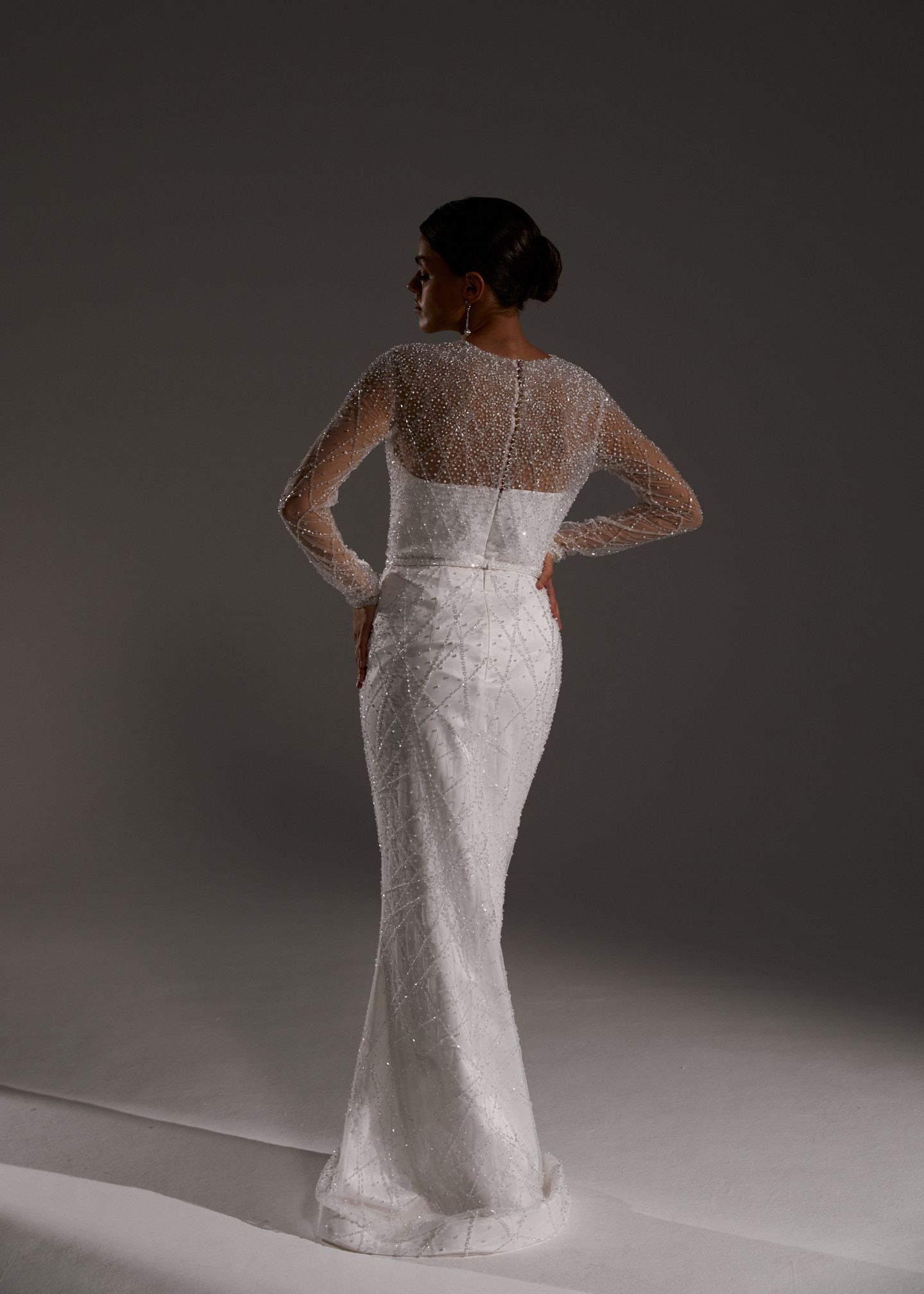 Grazia dress, 2021, couture, dress, bridal, off-white, Grazia, embroidery, sheath silhouette, sleeves