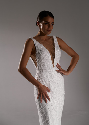 Federica dress, 2021, couture, dress, bridal, off-white, embroidery, sheath silhouette