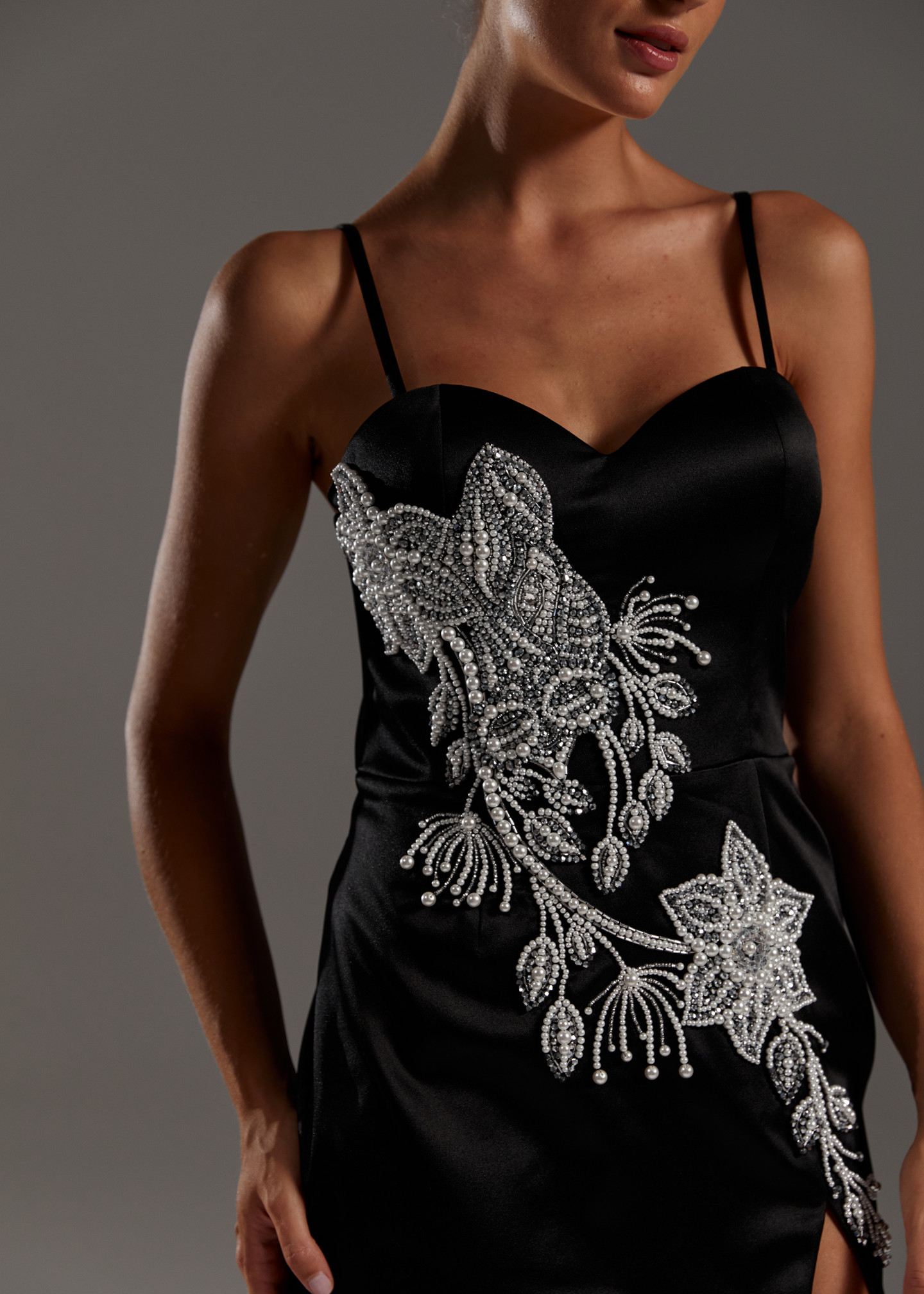 Black panther dress, 2021, couture, dress, evening, black, embroidery, sheath silhouette