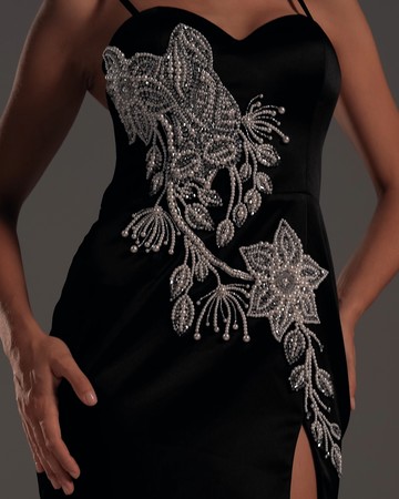 Black panther dress, 2021, couture, dress, evening, black, embroidery, sheath silhouette
