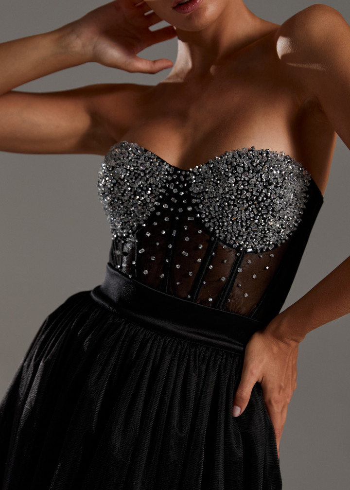 Beaded corset, 2021, couture, top, evening, black, black look with corset #1, embroidery, corset