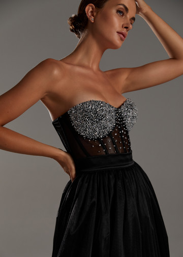 Beaded bustier, 2021, couture, top, evening, black, black look with corset #1, embroidery, black kit beaded with silver