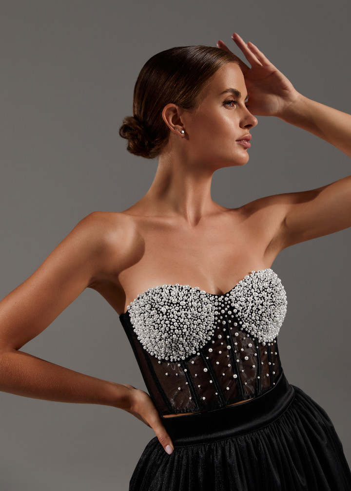 Beaded corset, 2021, couture, top, evening, black, embroidery, corset, black look with corset #2