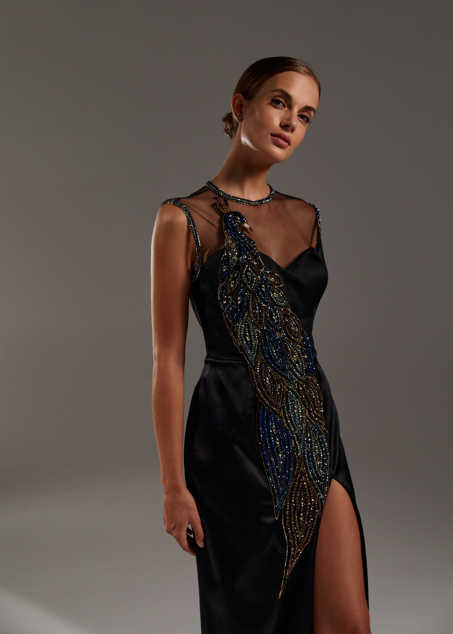 Peacock dress, 2021, couture, dress, evening, black, embroidery, sheath silhouette, popular