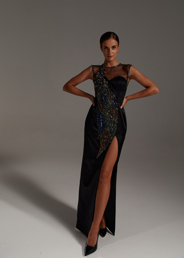 Платье Павлин, 2021, одежда, платье, вечернее, черный, вышивка, прямой силуэт, популярное