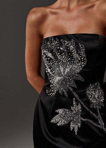 Платье Пион, 2021, одежда, платье, вечернее, черный, вышивка, прямой силуэт