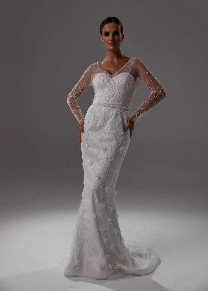 Vera dress, 2021, couture, dress, bridal, off-white, embroidery, sheath silhouette, sleeves, train