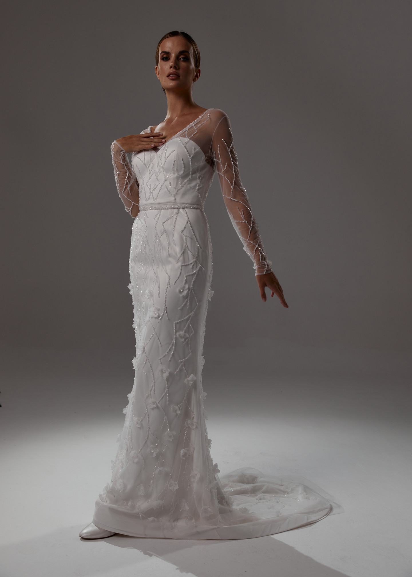Vera dress, 2021, couture, dress, bridal, off-white, embroidery, sheath silhouette, sleeves, train