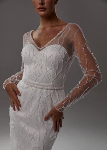 Платье Вера, 2021, одежда, платье, свадебное, молочно-белый, Вера, вышивка, прямой силуэт, рукава, шлейф