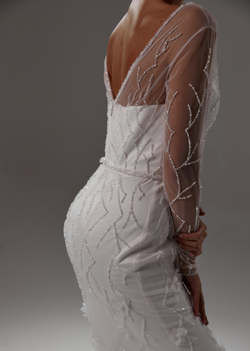 Vera dress, 2021, couture, dress, bridal, off-white, Vera, embroidery, sheath silhouette, sleeves, train