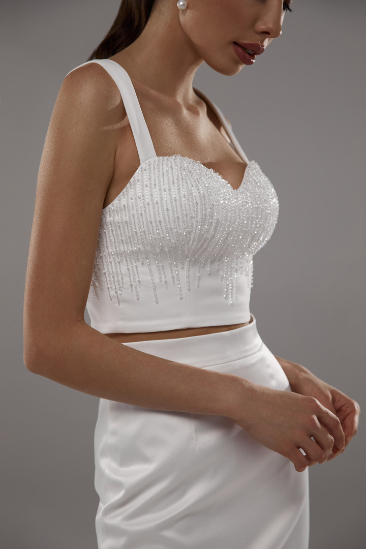 Beaded bustier, 2021, couture, top, bridal, off-white, bridal corset and skirt #4, embroidery