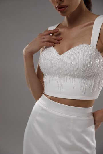 Beaded bustier, 2021, couture, top, bridal, off-white, bridal corset and skirt #4, embroidery