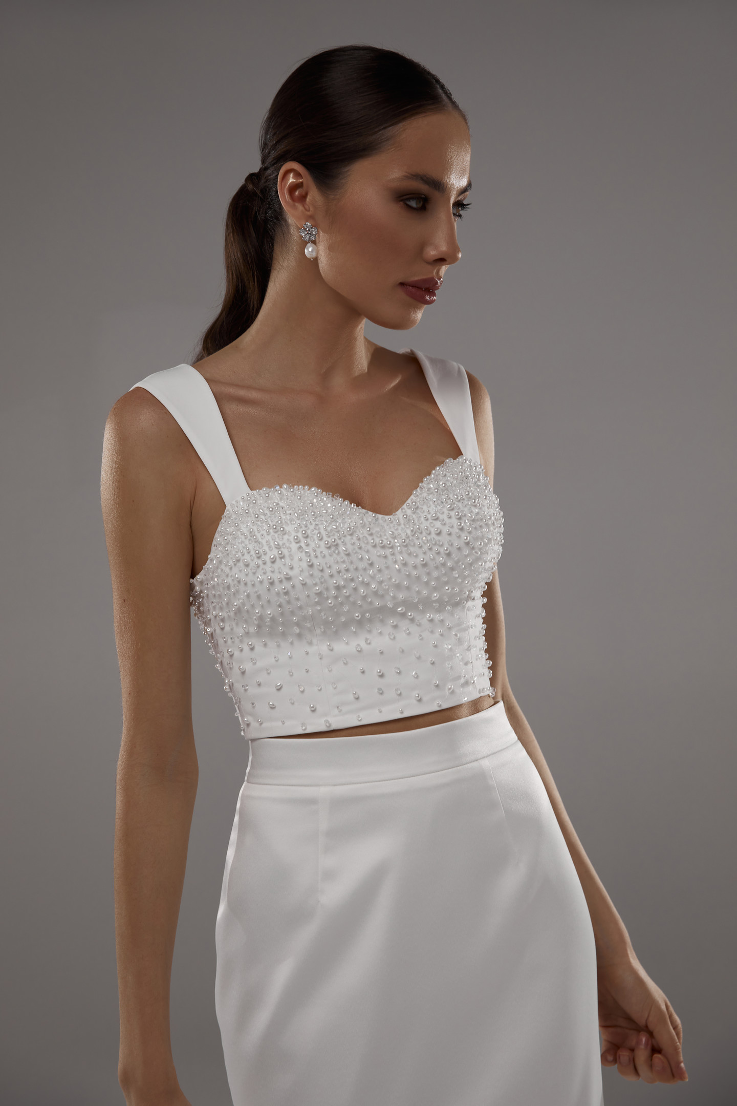 Beaded bustier, 2021, couture, top, bridal, off-white, bridal corset and skirt #3, embroidery