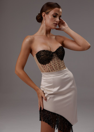 Beaded bustier, 2021, couture, top, evening, nude color, embroidery, corset, black