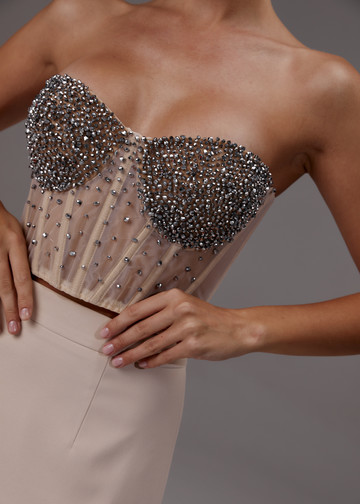 Beaded bustier, 2021, couture, top, evening, nude color, embroidery, corset, silver color