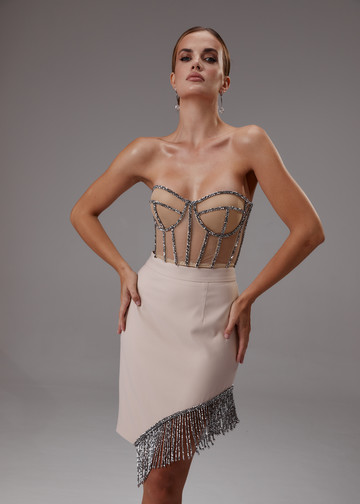 Beaded bustier, 2021, couture, top, evening, nude color, nude kit beaded with silver #1, embroidery, corset, silver color
