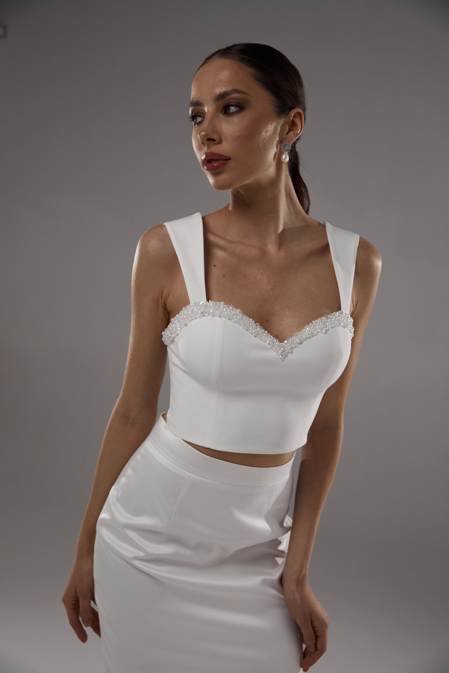 Beaded bustier, 2021, couture, top, bridal, off-white, bridal corset and skirt #6, embroidery