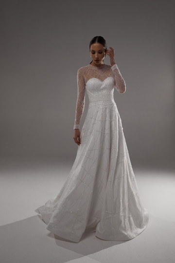 Платье Габриэль без страз, 2022, одежда, платье, свадебное, молочно-белый, вышивка, рукава, шлейф