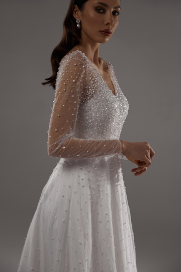 Платье Фредерика, 2022, одежда, платье, свадебное, молочно-белый, вышивка, рукава, шлейф