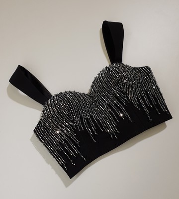 Beaded bustier, 2023, couture, top, evening, black, black suit beaded with silver, embroidery