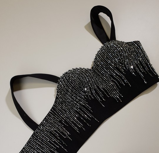 Beaded bustier, 2023, couture, top, evening, black, black suit beaded with silver, embroidery