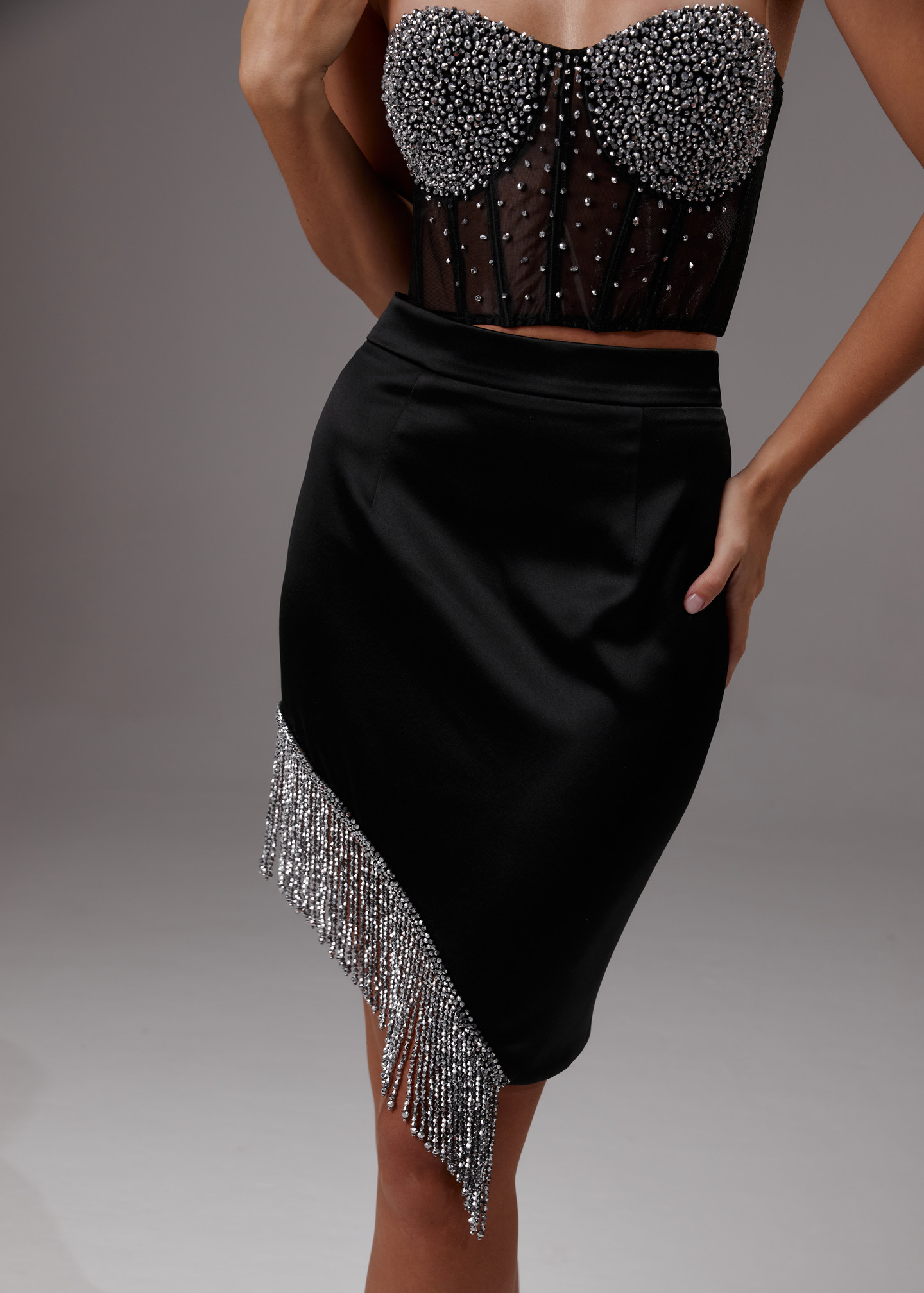 Fringed skirt, 2023, couture, skirt, evening, black, black kit beaded with silver, embroidery, silver color