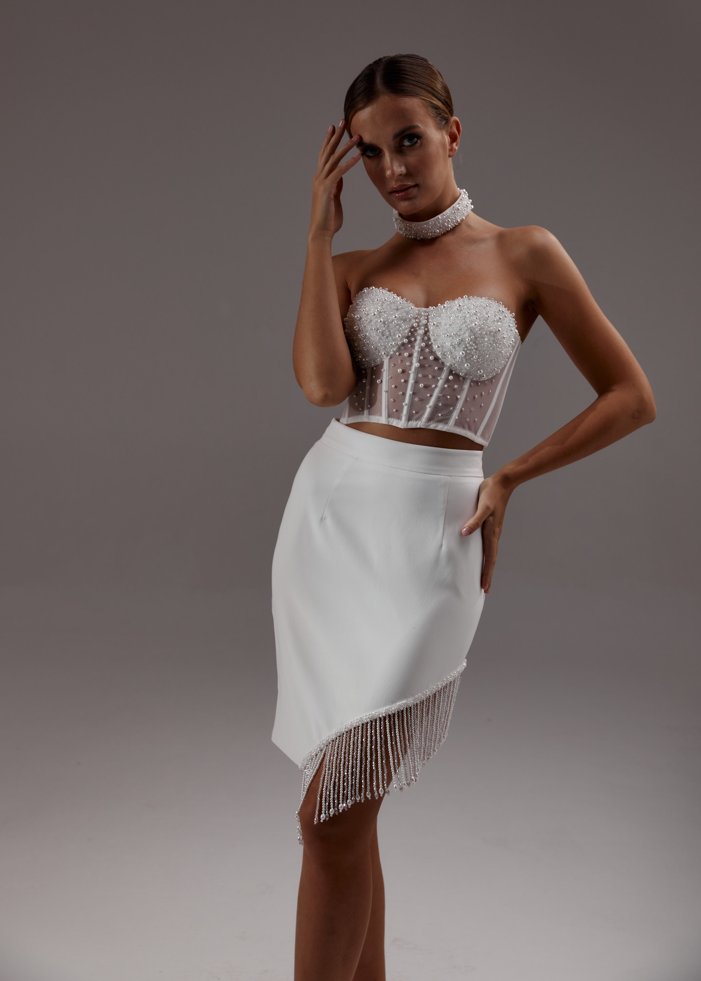 Fringed skirt, 2023, couture, skirt, bridal, off-white, offwhite kit with pearls and crystals, embroidery