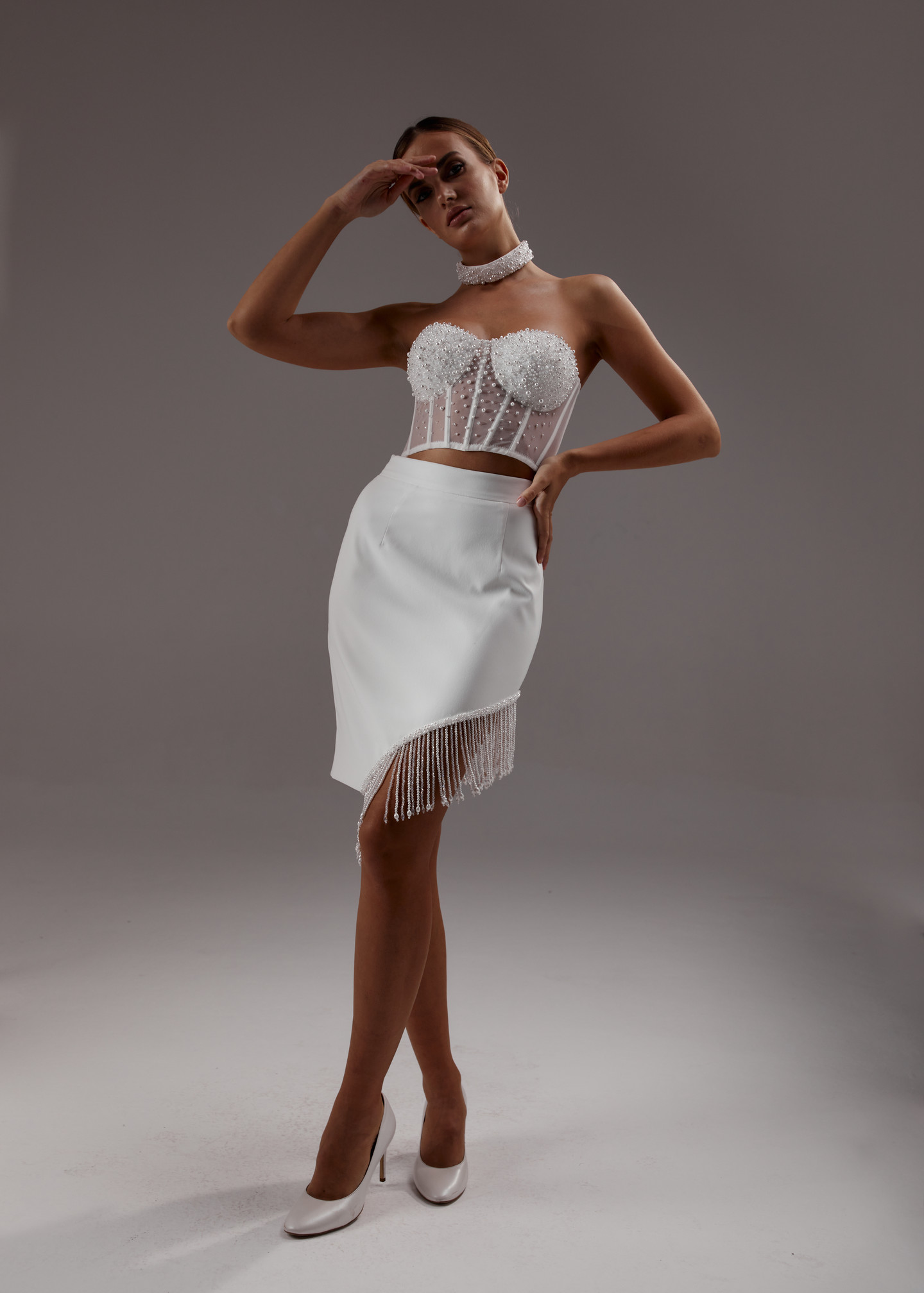 Юбка с бахромой, 2023, одежда, юбка, свадебное, молочно-белый, белый комплект с жемчугом и кристаллами, вышивка