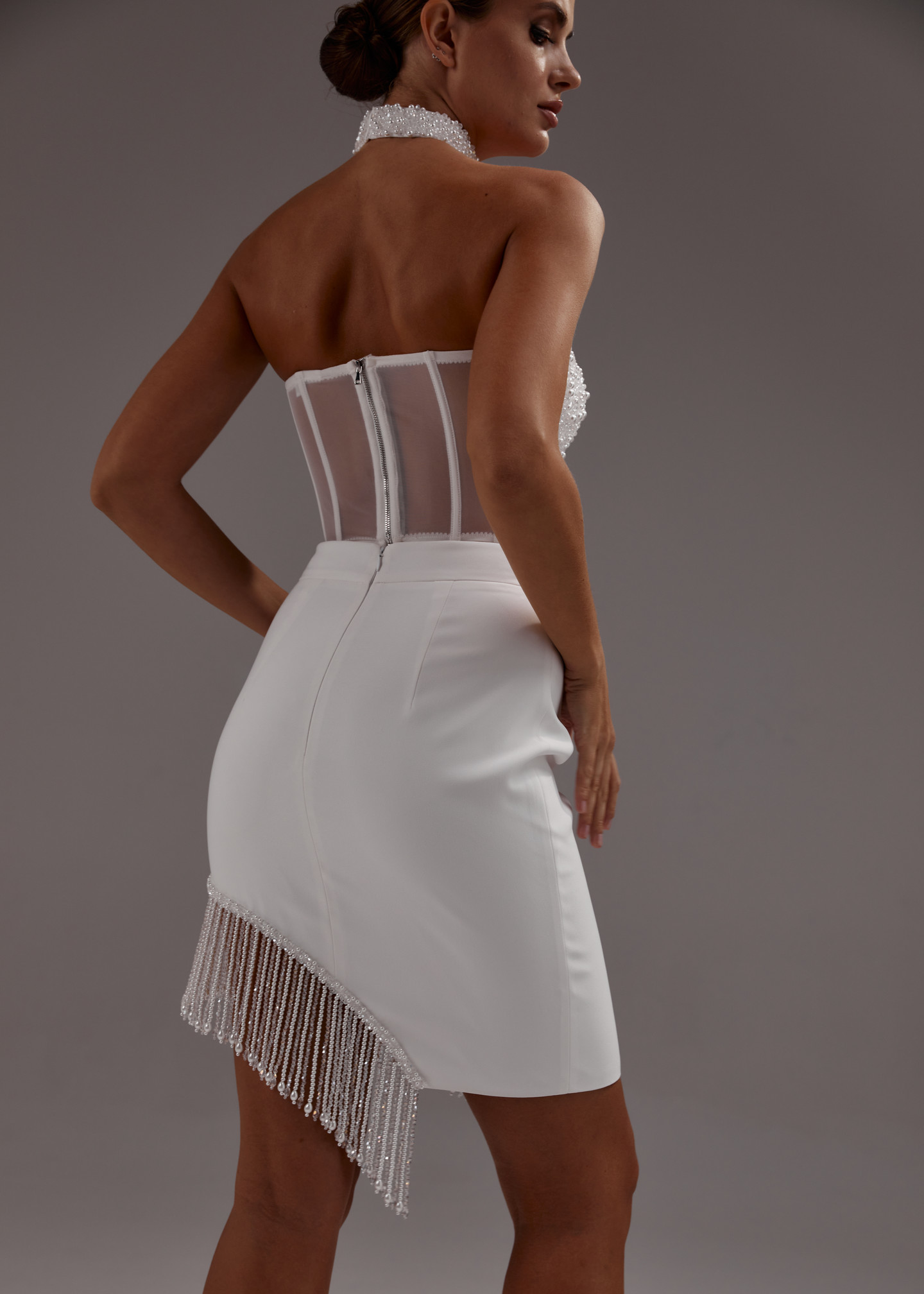 Юбка с бахромой, 2023, одежда, юбка, свадебное, молочно-белый, белый комплект с жемчугом и кристаллами, вышивка