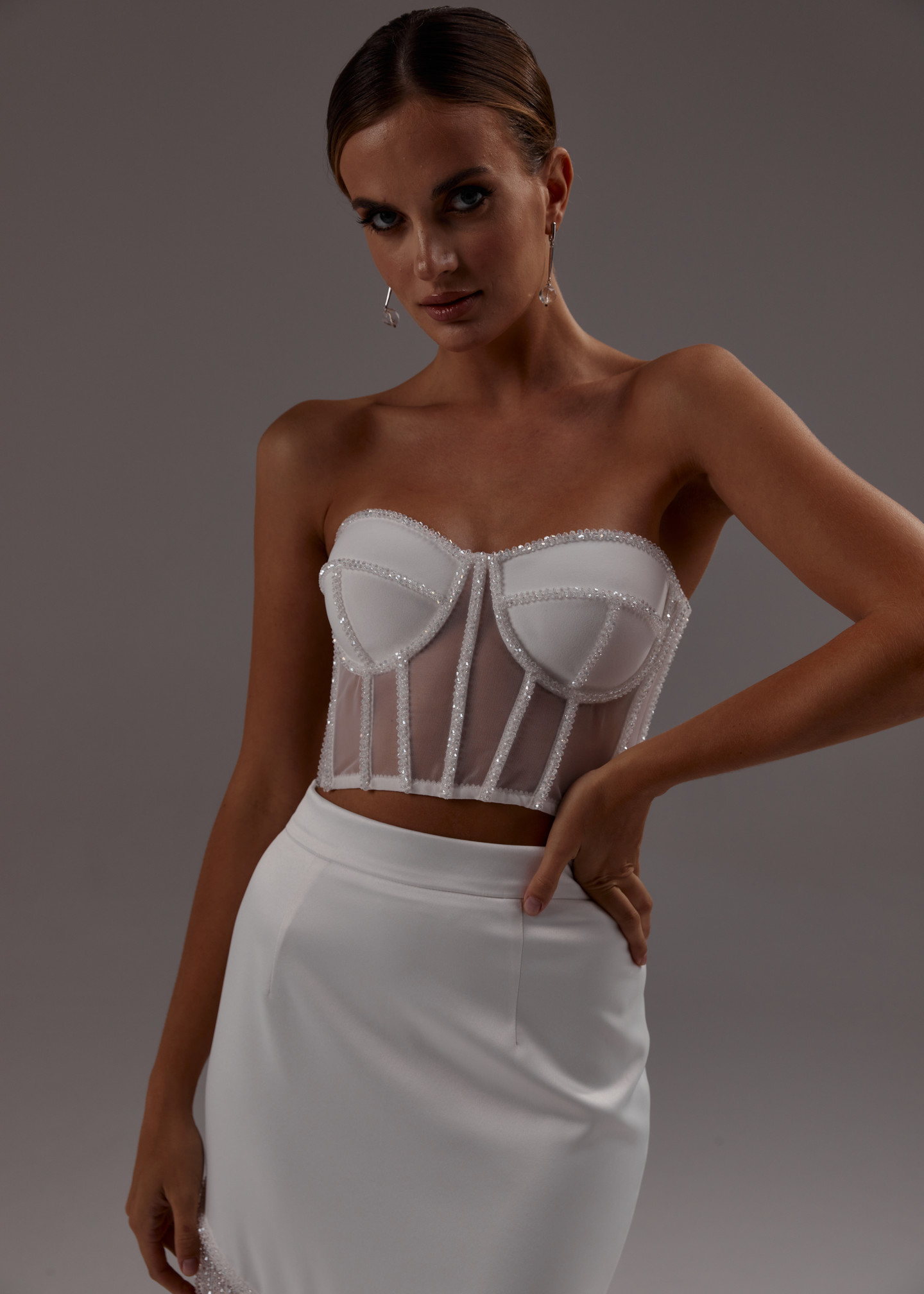 Beaded bustier, 2023, couture, top, bridal, off-white, offwhite kit beaded with crystals #2, embroidery, corset