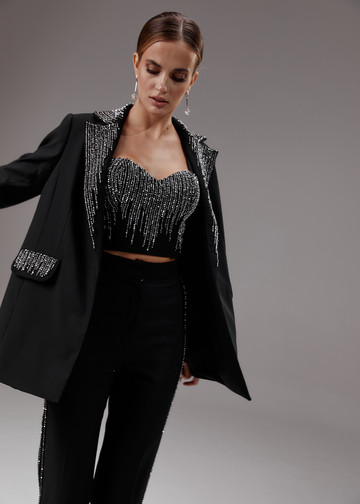 Beaded jacket, 2023, couture, jacket, evening, black, black suit beaded with silver, embroidery, silver color, sleeves
