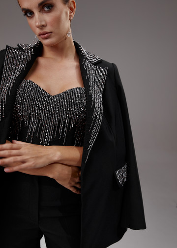 Жакет с вышивкой, 2023, одежда, жакет, вечернее, черный, черный костюм расшитый серебром, вышивка, серебряный, рукава