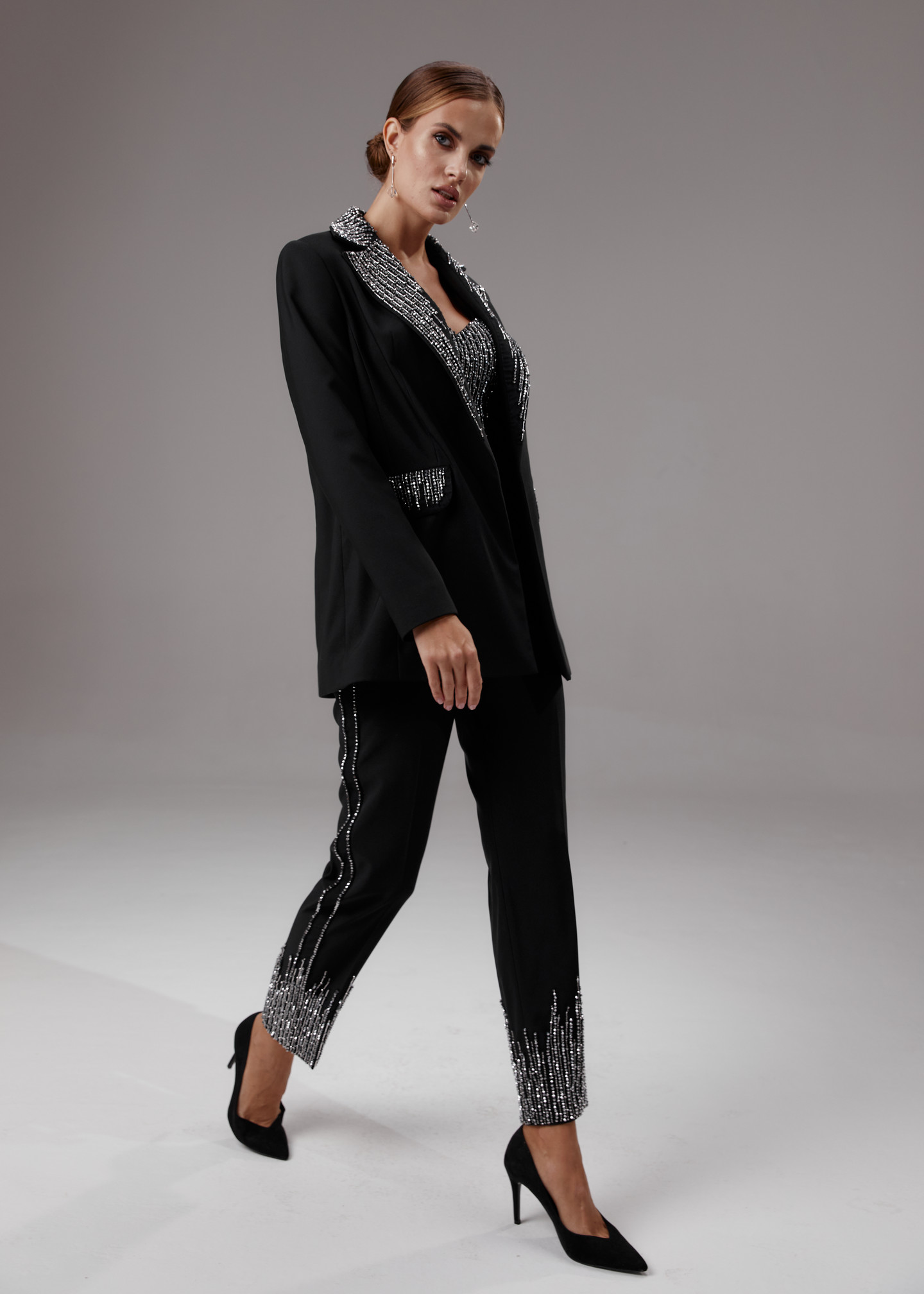 Beaded trousers, 2023, couture, trousers, evening, black, black suit beaded with silver, embroidery, silver color