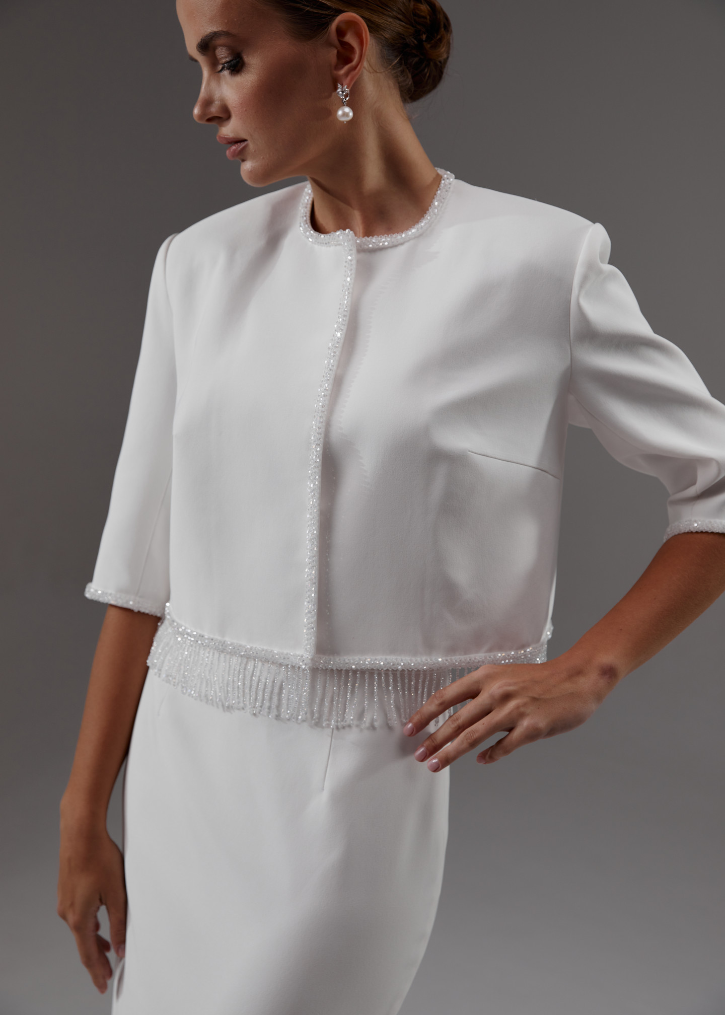Fringed jacket, 2023, couture, jacket, bridal, off-white, fringed bridal suit, embroidery, sleeves