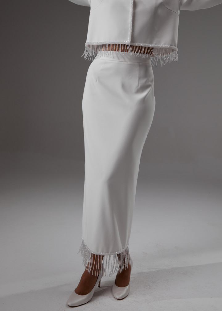 Fringed skirt, 2023, couture, skirt, bridal, off-white, fringed bridal suit, embroidery